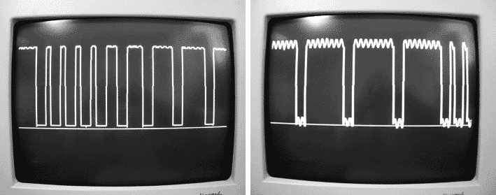 Рис. 3. Цифровой сигнал до и после прохождения
двоичного канала связи с шумом.