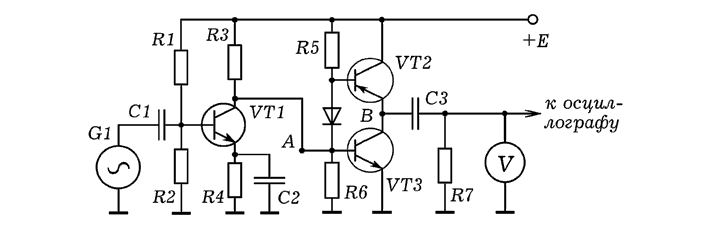 Рис. 2. Усилитель на транзисторах.